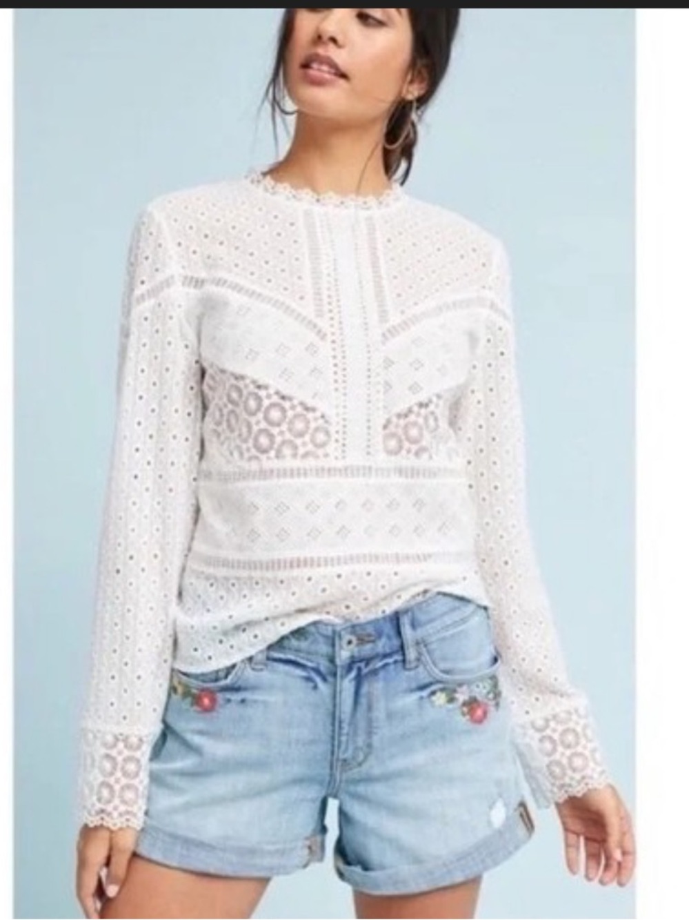 James coviello Cream Eyelet Lace Long-Sleeve Blouse